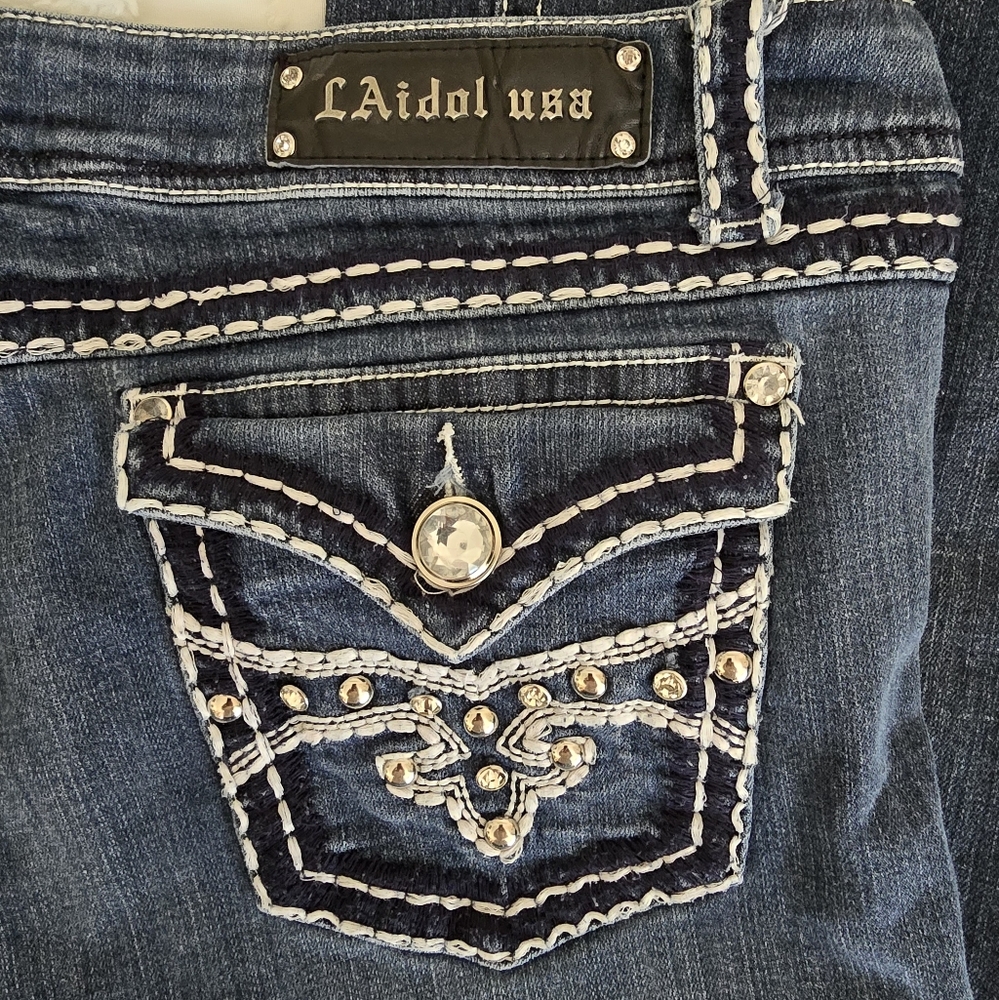 L.A. idol Women's Whip Stitch Fluer De Liz Bootcut Dark Blue Jeans Sz 19